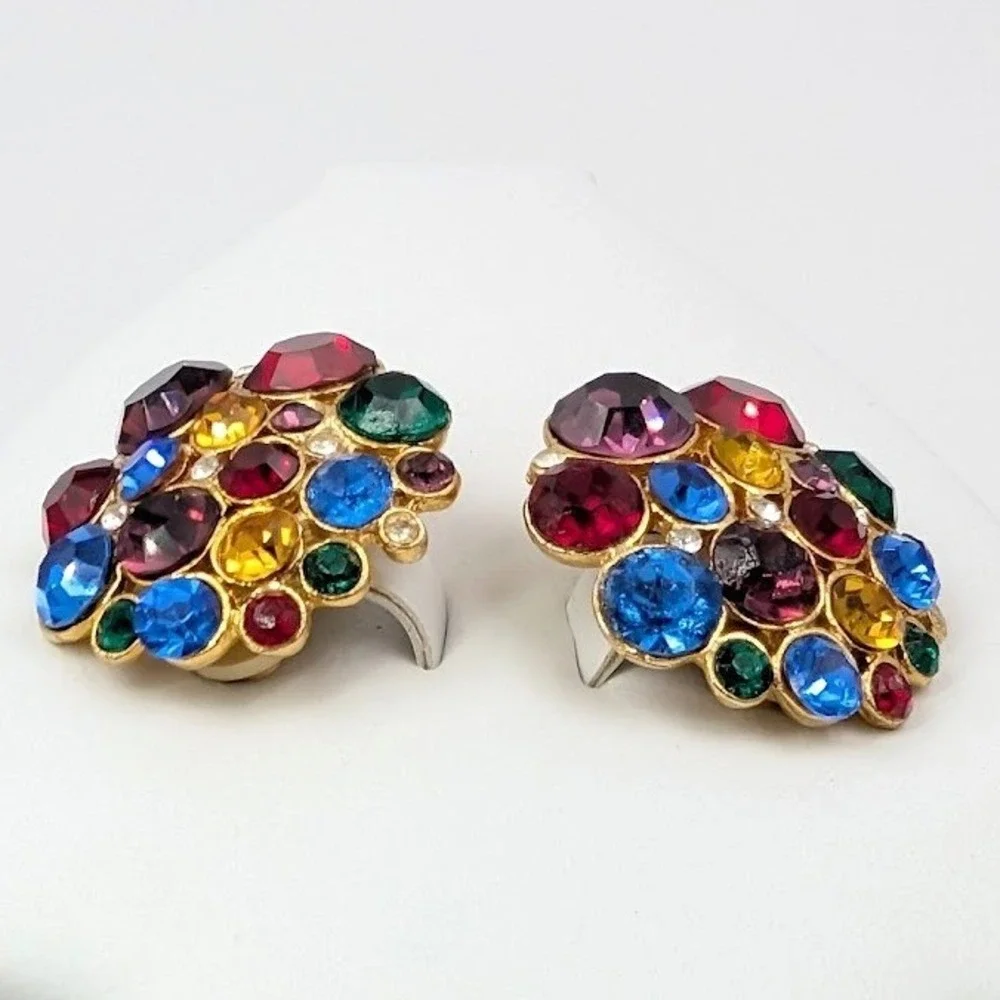 VTG Rhinestone Cluster Earrings Gold Tone‎ Multicolor Pave Clip On Rainbow